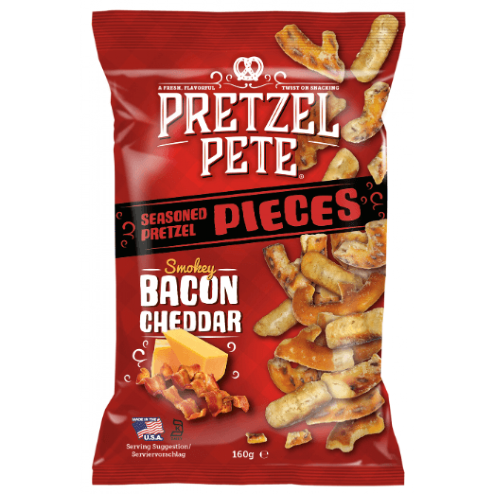 Pretzel Pete Pretzels Pieces - Smokey Bacon & Cheddar 8 x 160g Pretzel Pete Pretzels Pieces - Smokey Bacon & Cheddar 8 x 160g
