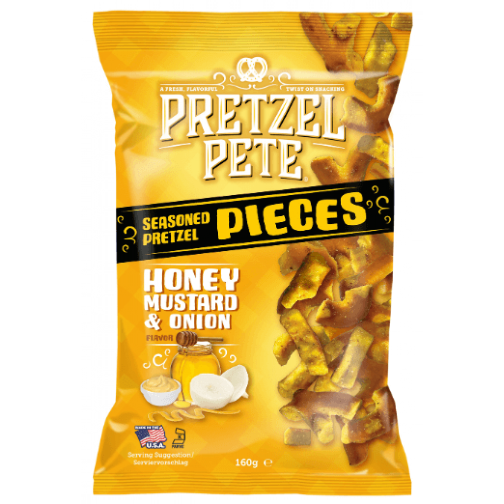 Pretzel Pete Pretzels Pieces - Honey Mustard & Onion 8 x 160g Pretzel Pete Pretzels Pieces - Honey Mustard & Onion 8 x 160g